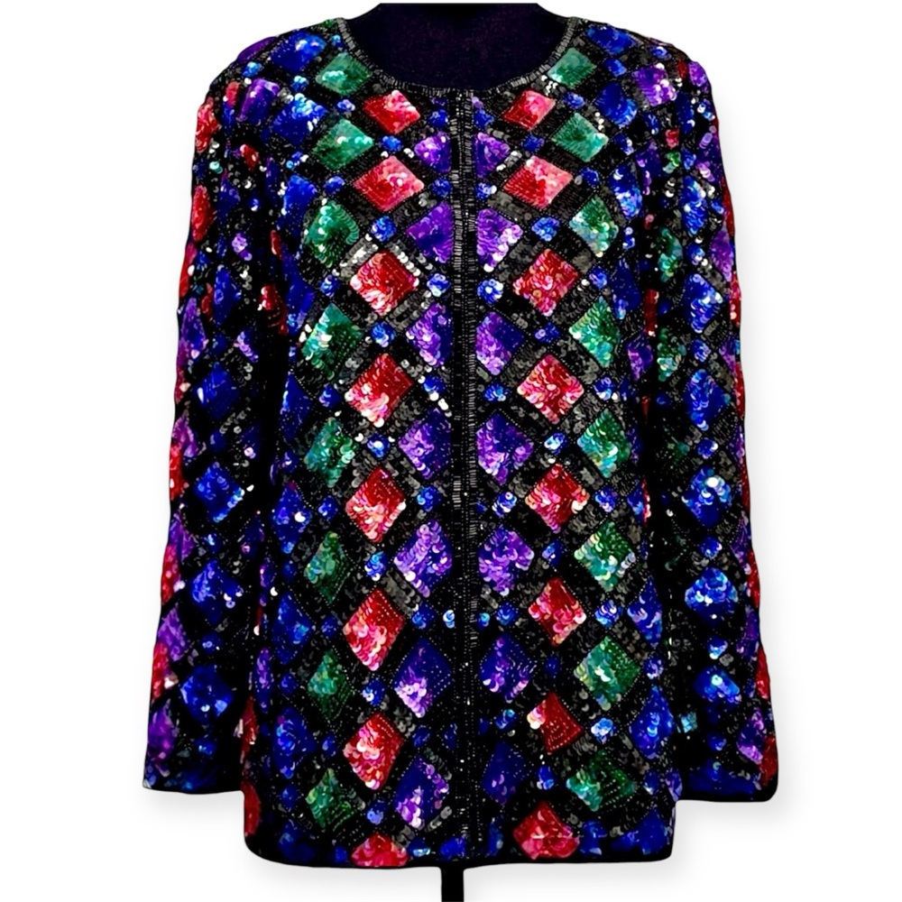 Patra Vintage 80s Beaded Silk Sequin Jacket Jewel Tone Harlequin Black Size 8